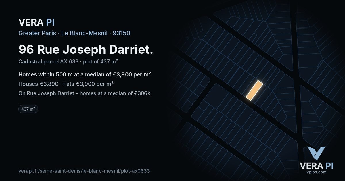 96 Rue Joseph Darriet, Le Blanc-Mesnil at night – the plot lit, the parcels around coloured by the prices near them