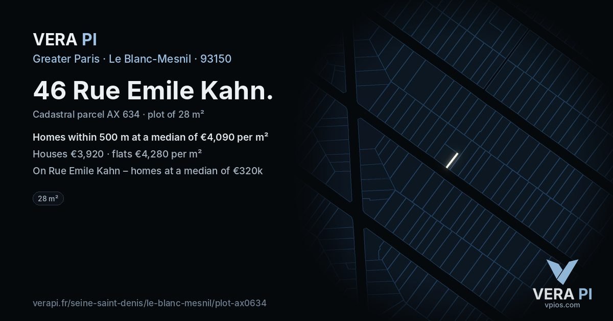 46 Rue Emile Kahn, Le Blanc-Mesnil at night – the plot lit, the parcels around coloured by the prices near them