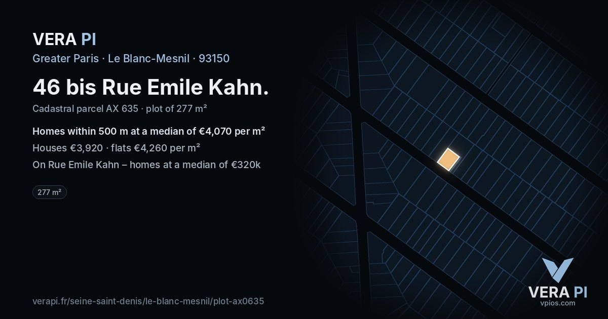 46 bis Rue Emile Kahn, Le Blanc-Mesnil at night – the plot lit, the parcels around coloured by the prices near them