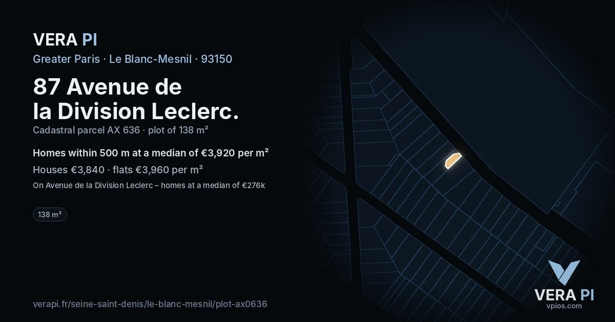 87 Avenue de la Division Leclerc, Le Blanc-Mesnil at night – the plot lit, the parcels around coloured by the prices near them