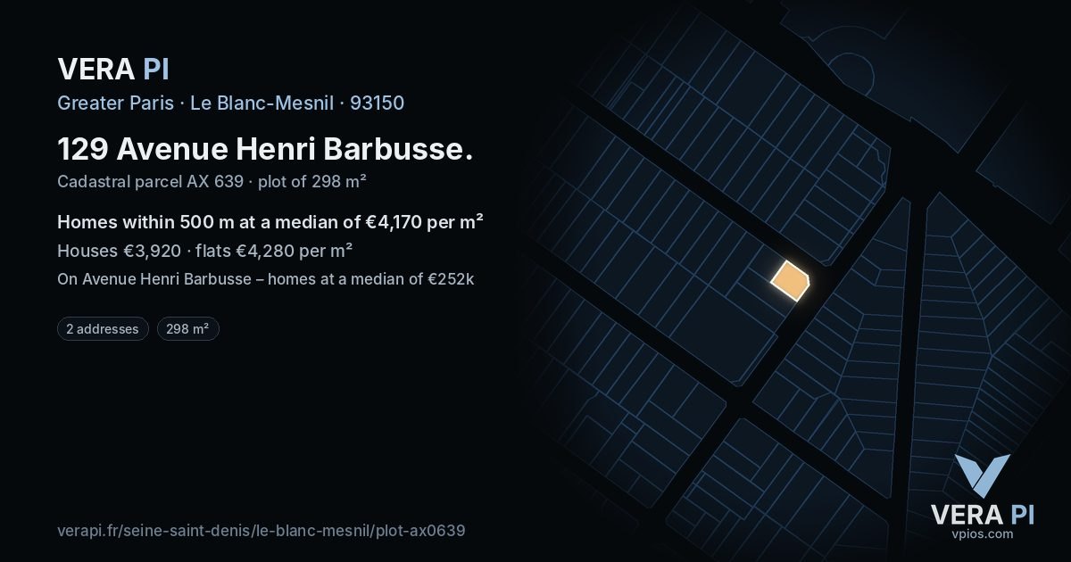 129 Avenue Henri Barbusse, Le Blanc-Mesnil at night – the plot lit, the parcels around coloured by the prices near them