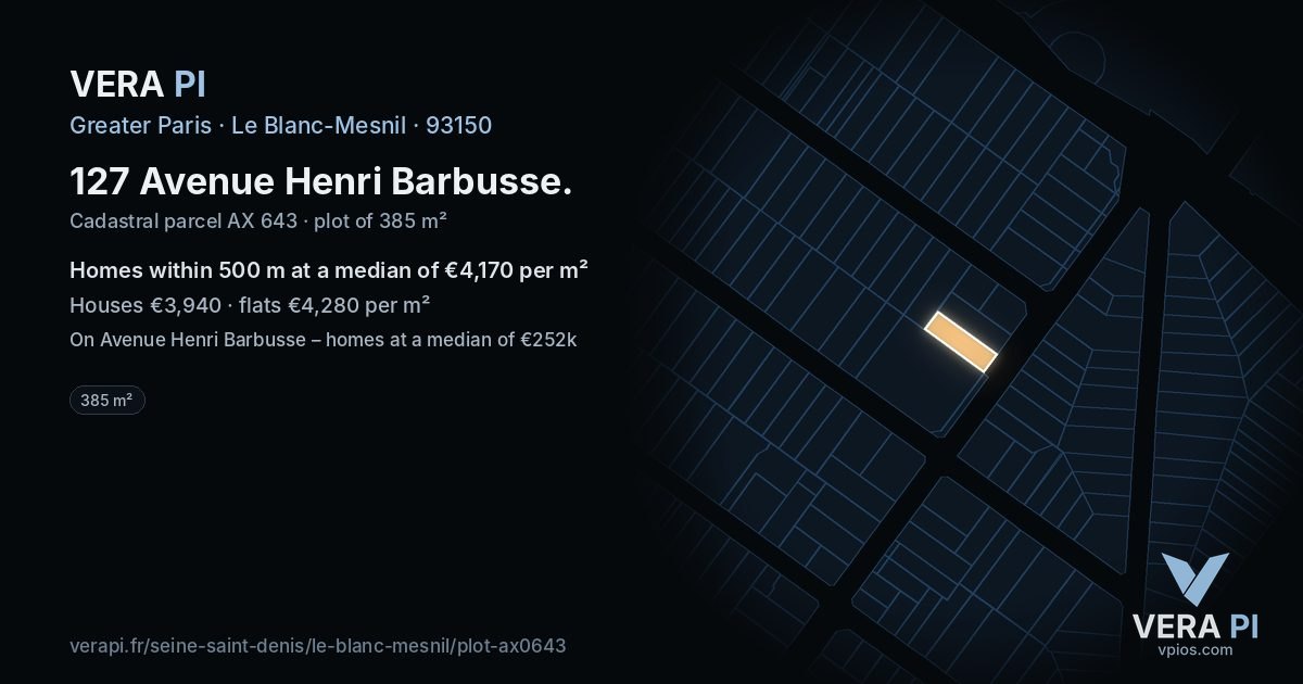127 Avenue Henri Barbusse, Le Blanc-Mesnil at night – the plot lit, the parcels around coloured by the prices near them