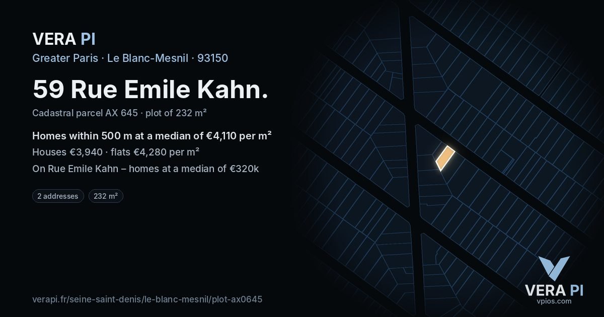 59 Rue Emile Kahn, Le Blanc-Mesnil at night – the plot lit, the parcels around coloured by the prices near them