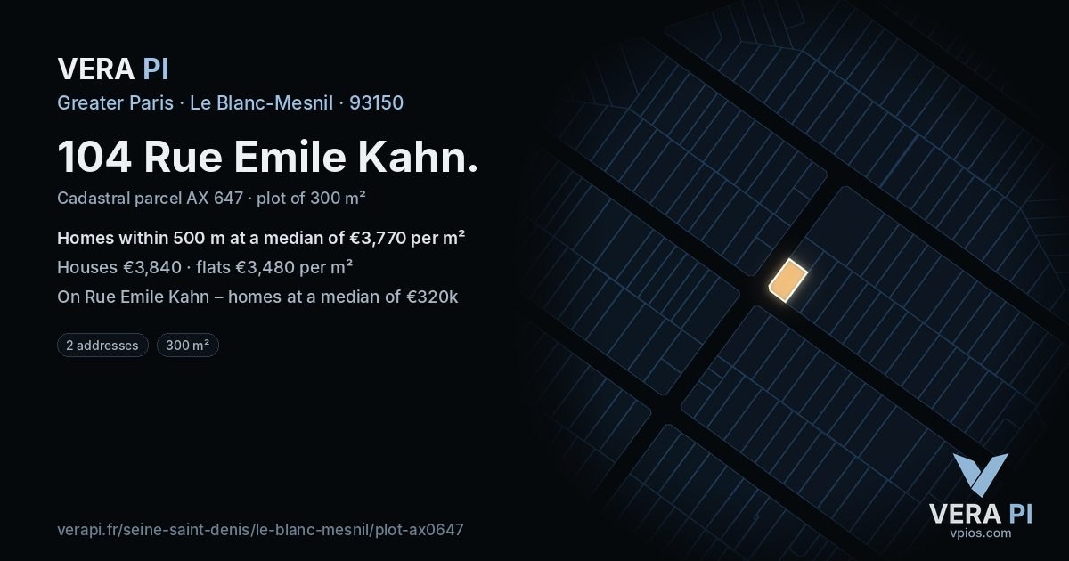 104 Rue Emile Kahn, Le Blanc-Mesnil at night – the plot lit, the parcels around coloured by the prices near them