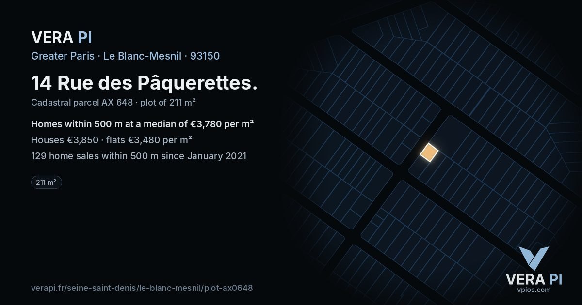 14 Rue des Pâquerettes, Le Blanc-Mesnil at night – the plot lit, the parcels around coloured by the prices near them