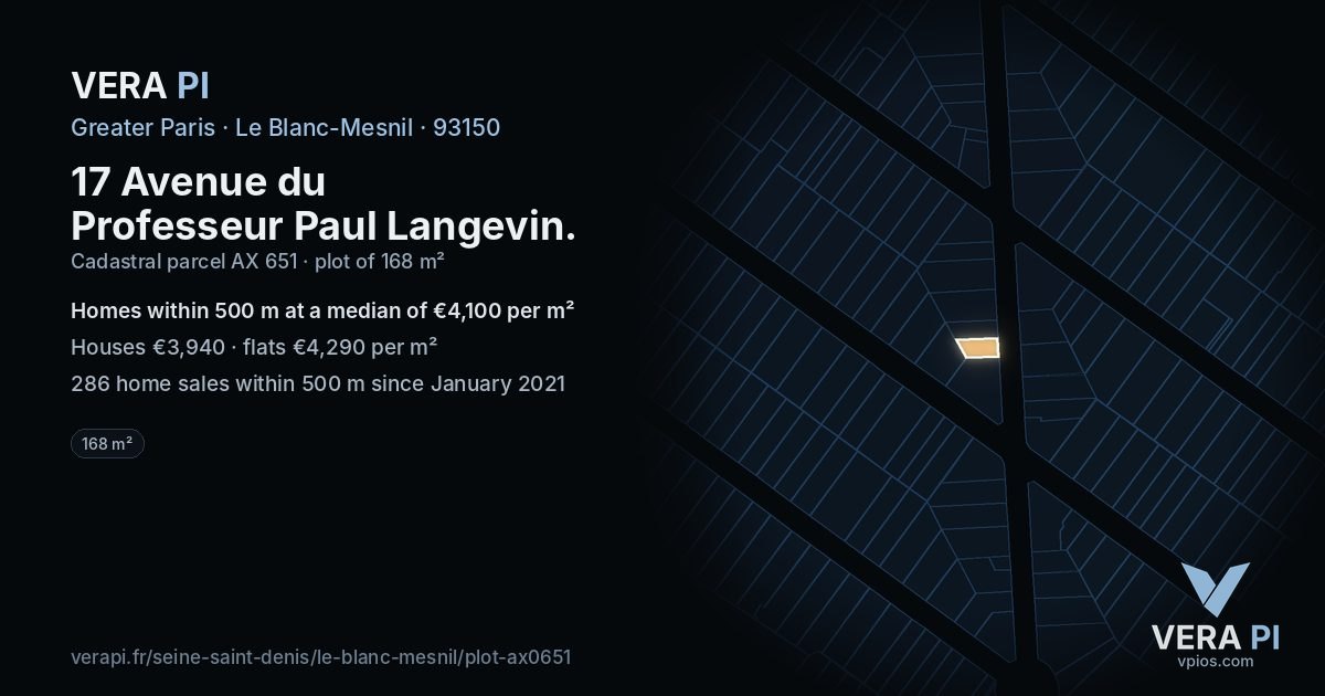 17 Avenue du Professeur Paul Langevin, Le Blanc-Mesnil at night – the plot lit, the parcels around coloured by the prices near them