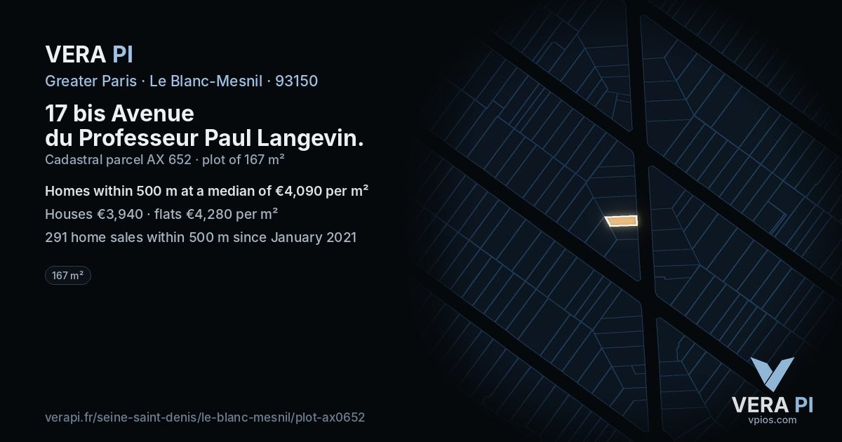 17 bis Avenue du Professeur Paul Langevin, Le Blanc-Mesnil at night – the plot lit, the parcels around coloured by the prices near them