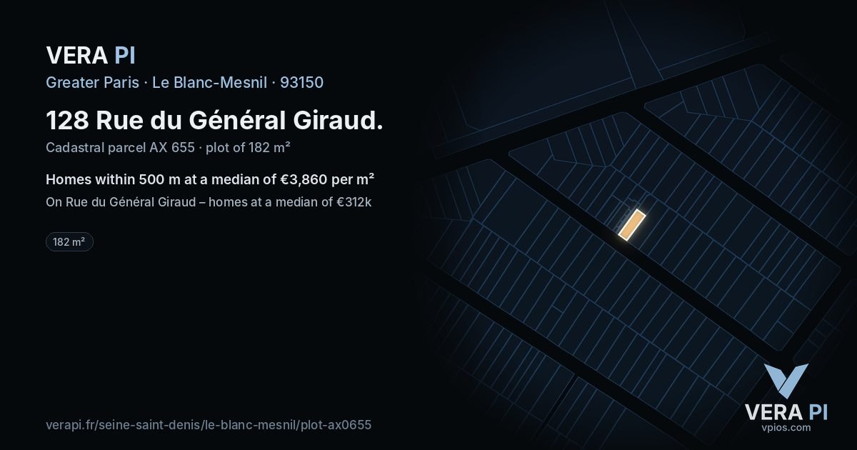 128 Rue du Général Giraud, Le Blanc-Mesnil at night – the plot lit, the parcels around coloured by the prices near them