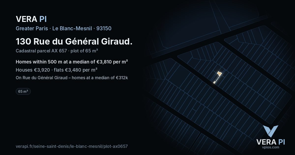 130 Rue du Général Giraud, Le Blanc-Mesnil at night – the plot lit, the parcels around coloured by the prices near them