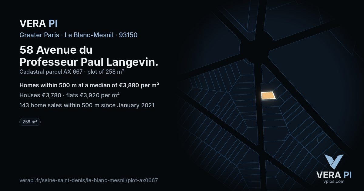 58 Avenue du Professeur Paul Langevin, Le Blanc-Mesnil at night – the plot lit, the parcels around coloured by the prices near them