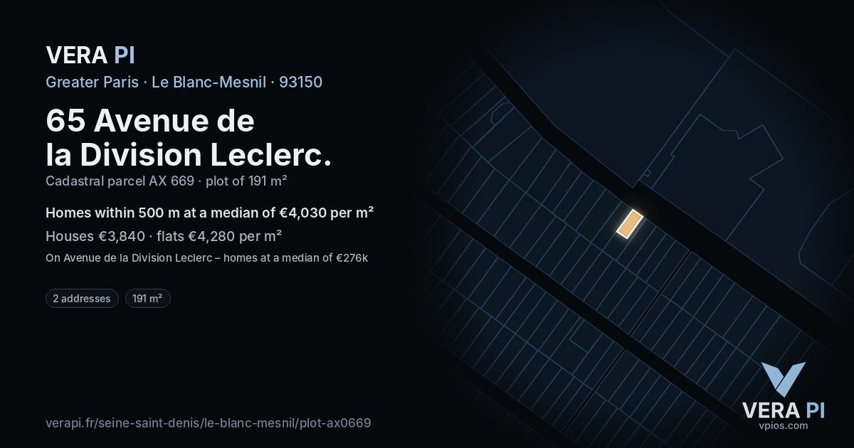 65 Avenue de la Division Leclerc, Le Blanc-Mesnil at night – the plot lit, the parcels around coloured by the prices near them