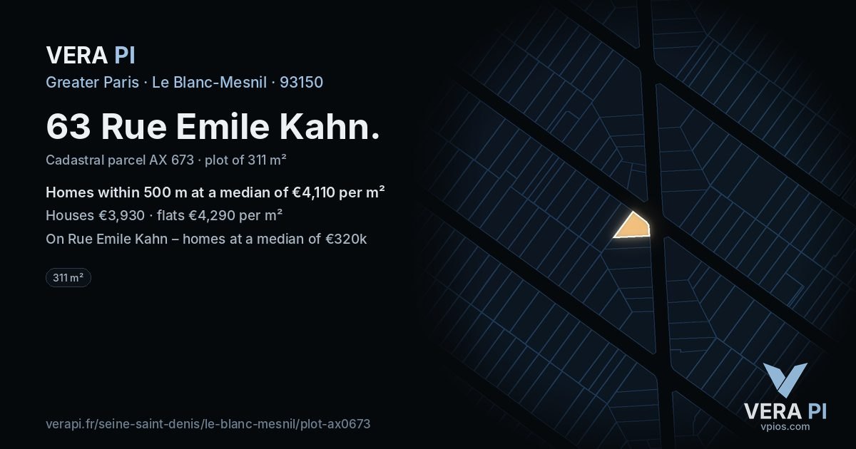 63 Rue Emile Kahn, Le Blanc-Mesnil at night – the plot lit, the parcels around coloured by the prices near them