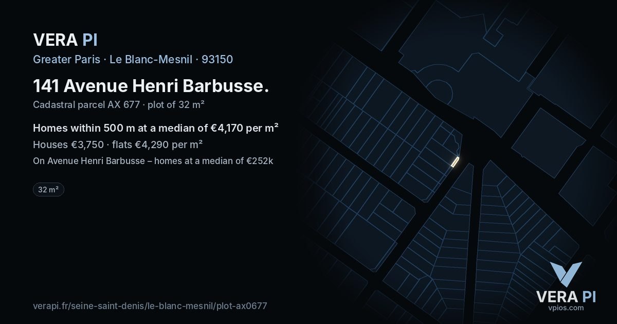 141 Avenue Henri Barbusse, Le Blanc-Mesnil at night – the plot lit, the parcels around coloured by the prices near them