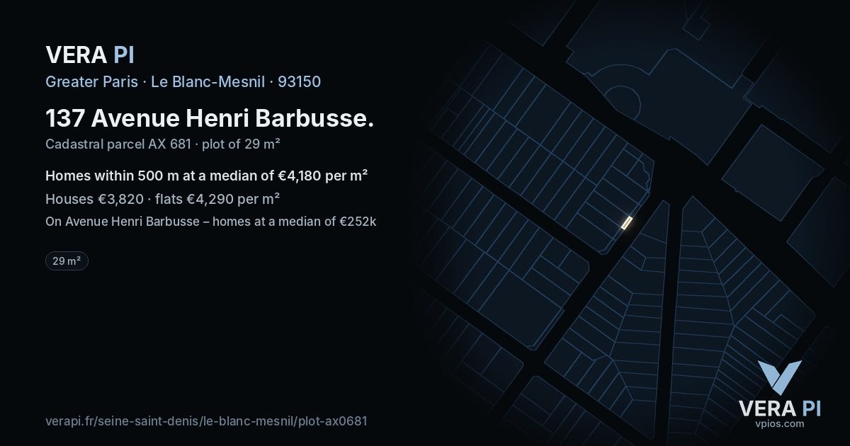 137 Avenue Henri Barbusse, Le Blanc-Mesnil at night – the plot lit, the parcels around coloured by the prices near them