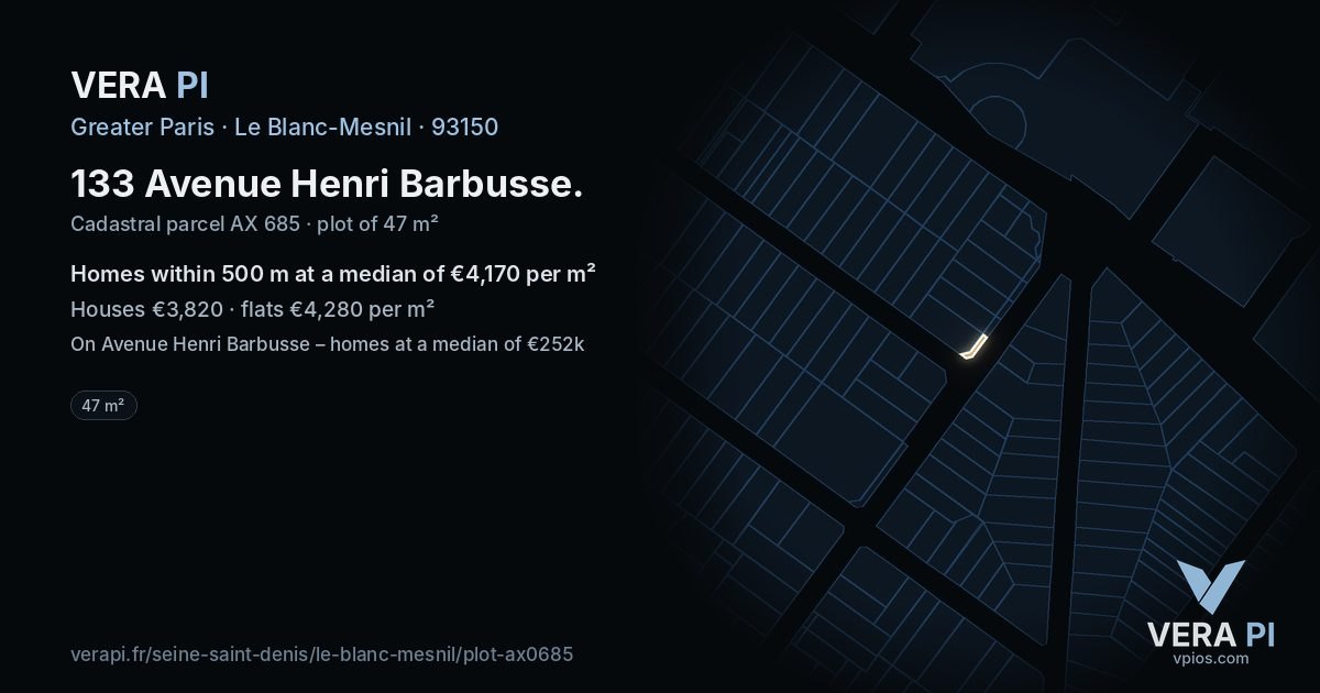 133 Avenue Henri Barbusse, Le Blanc-Mesnil at night – the plot lit, the parcels around coloured by the prices near them