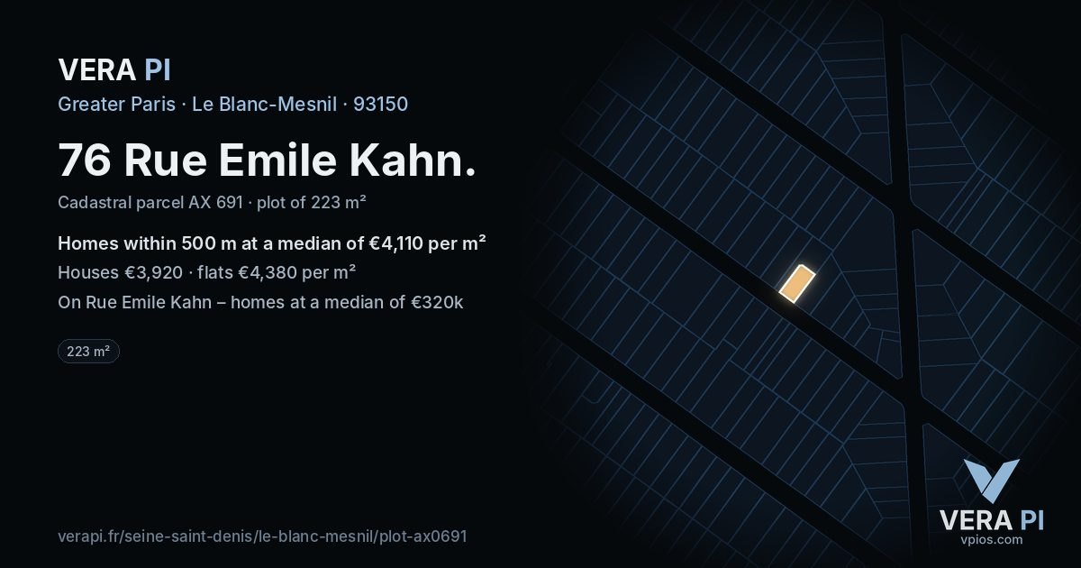 76 Rue Emile Kahn, Le Blanc-Mesnil at night – the plot lit, the parcels around coloured by the prices near them