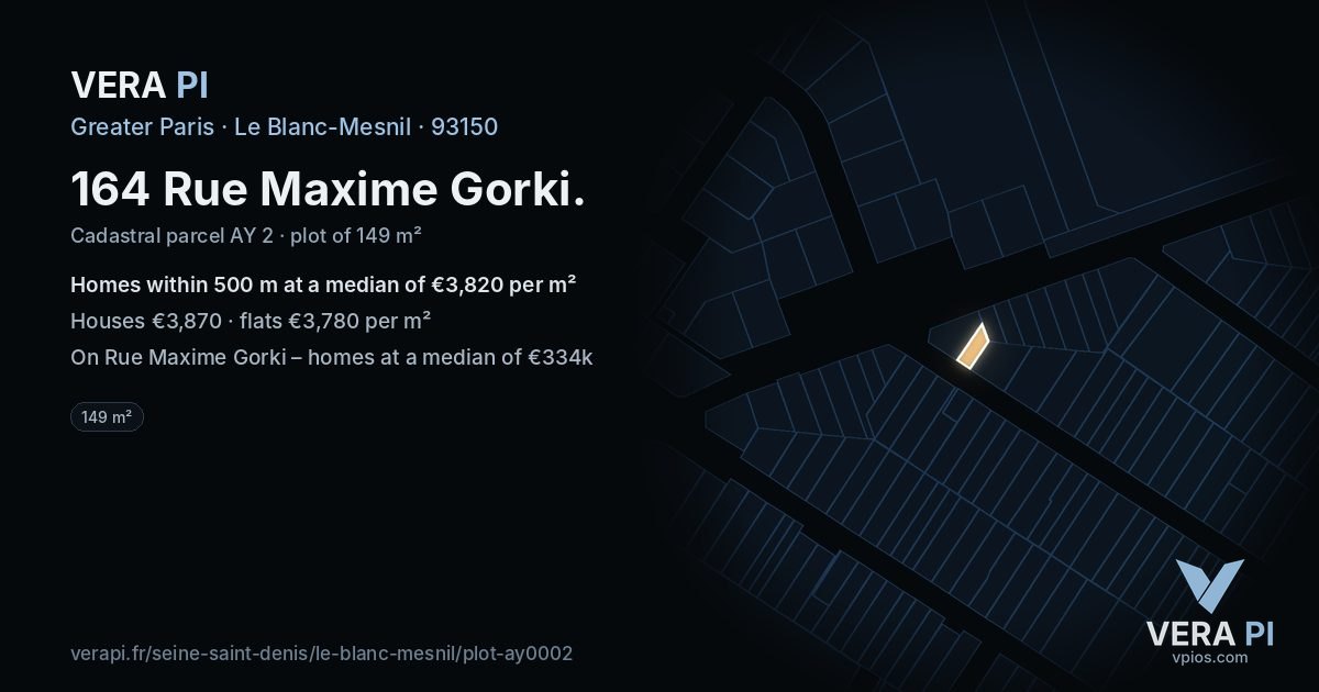 164 Rue Maxime Gorki, Le Blanc-Mesnil at night – the plot lit, the parcels around coloured by the prices near them