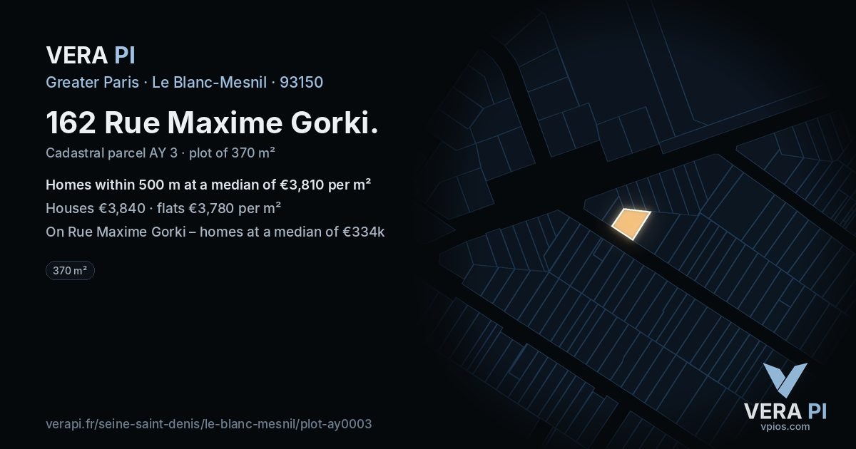 162 Rue Maxime Gorki, Le Blanc-Mesnil at night – the plot lit, the parcels around coloured by the prices near them