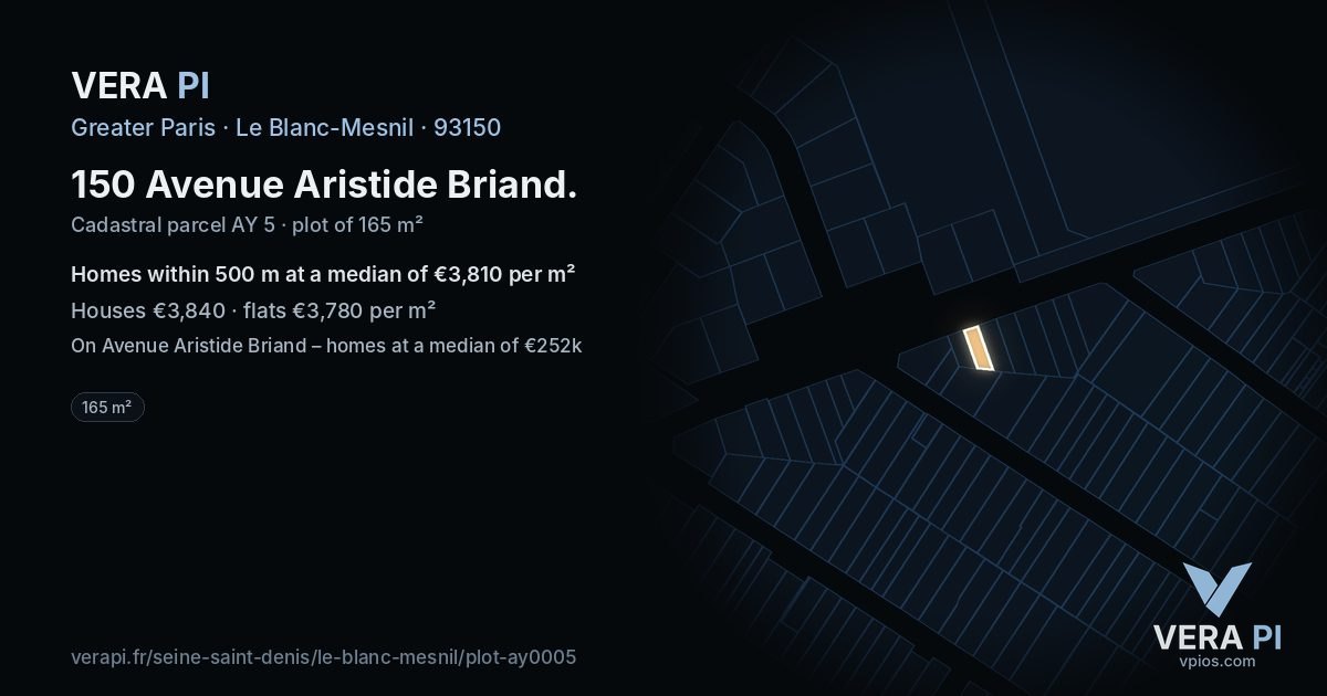 150 Avenue Aristide Briand, Le Blanc-Mesnil at night – the plot lit, the parcels around coloured by the prices near them