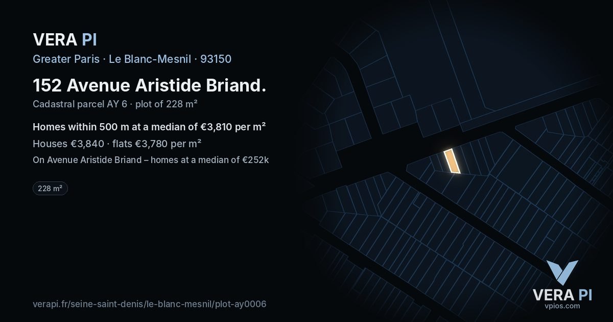 152 Avenue Aristide Briand, Le Blanc-Mesnil at night – the plot lit, the parcels around coloured by the prices near them