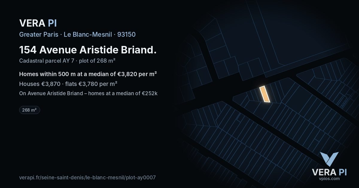 154 Avenue Aristide Briand, Le Blanc-Mesnil at night – the plot lit, the parcels around coloured by the prices near them