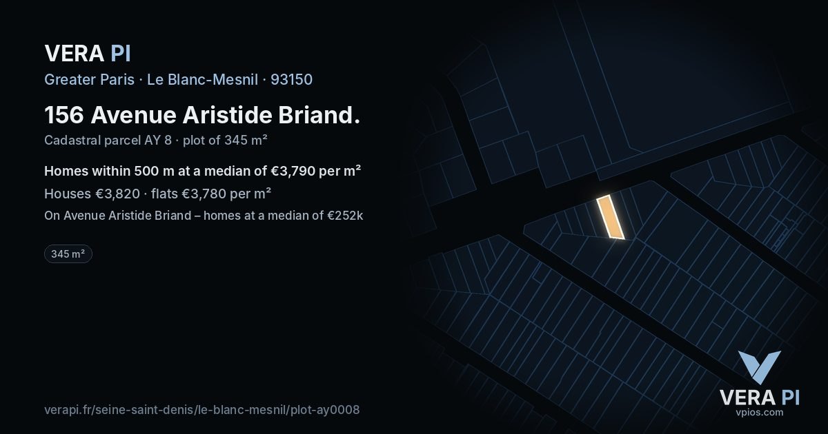 156 Avenue Aristide Briand, Le Blanc-Mesnil at night – the plot lit, the parcels around coloured by the prices near them