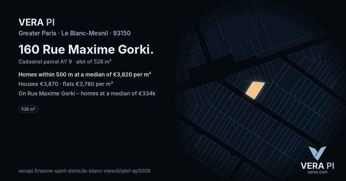 160 Rue Maxime Gorki, Le Blanc-Mesnil at night – the plot lit, the parcels around coloured by the prices near them