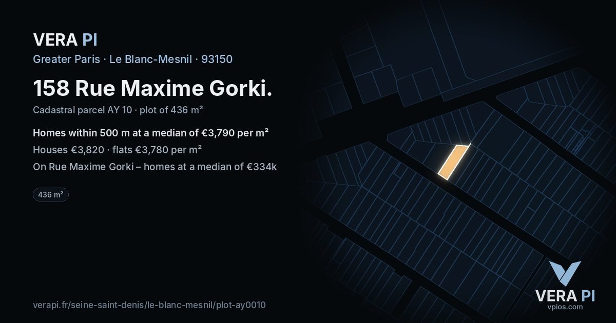 158 Rue Maxime Gorki, Le Blanc-Mesnil at night – the plot lit, the parcels around coloured by the prices near them
