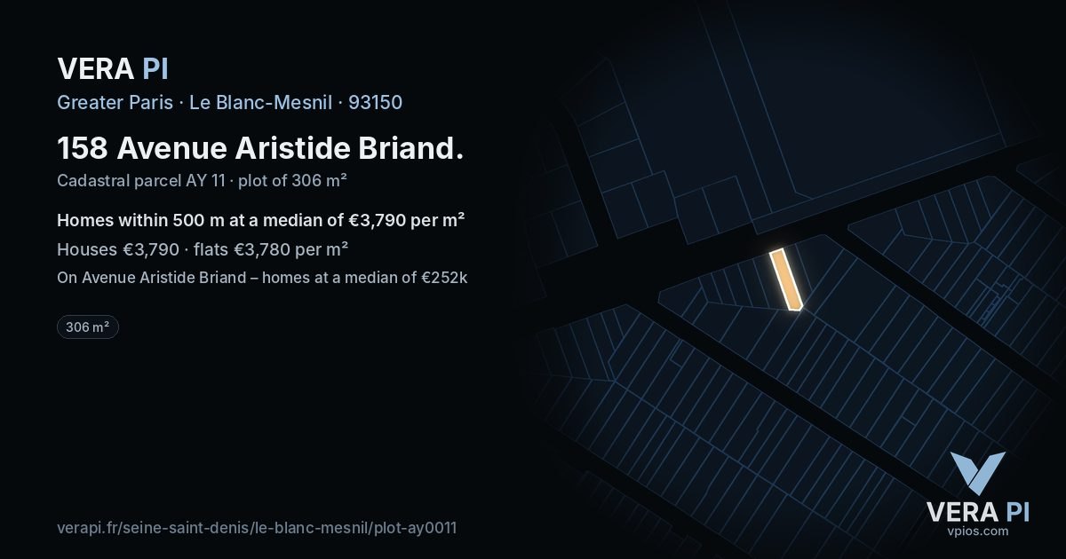 158 Avenue Aristide Briand, Le Blanc-Mesnil at night – the plot lit, the parcels around coloured by the prices near them