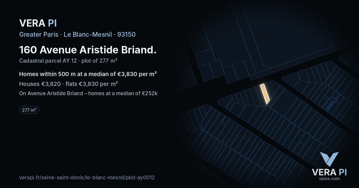 160 Avenue Aristide Briand, Le Blanc-Mesnil at night – the plot lit, the parcels around coloured by the prices near them
