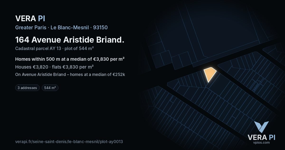 164 Avenue Aristide Briand, Le Blanc-Mesnil at night – the plot lit, the parcels around coloured by the prices near them