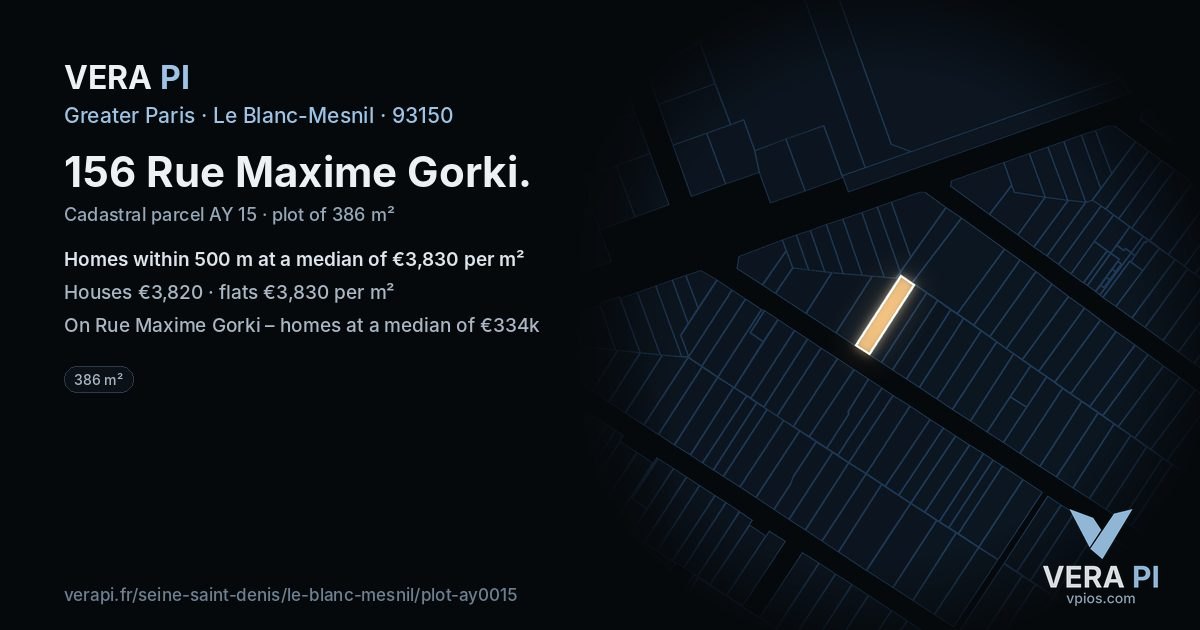 156 Rue Maxime Gorki, Le Blanc-Mesnil at night – the plot lit, the parcels around coloured by the prices near them