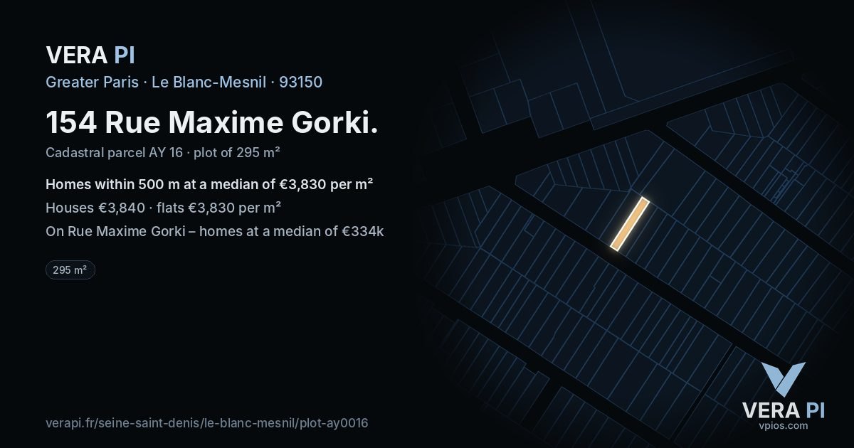 154 Rue Maxime Gorki, Le Blanc-Mesnil at night – the plot lit, the parcels around coloured by the prices near them