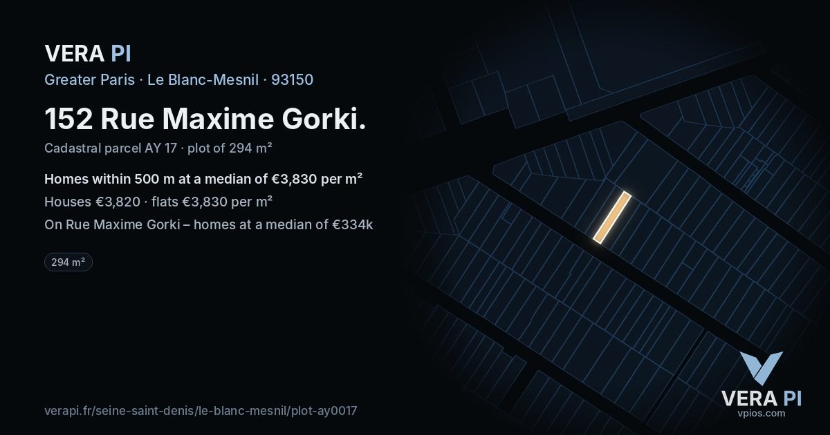 152 Rue Maxime Gorki, Le Blanc-Mesnil at night – the plot lit, the parcels around coloured by the prices near them