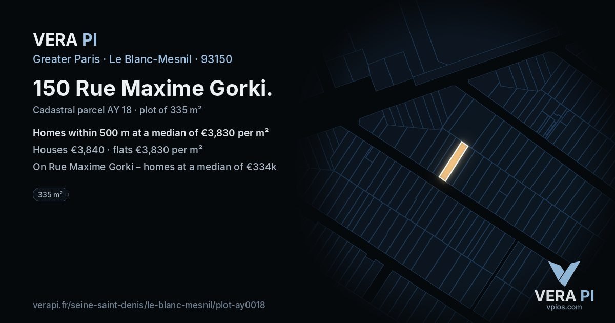 150 Rue Maxime Gorki, Le Blanc-Mesnil at night – the plot lit, the parcels around coloured by the prices near them