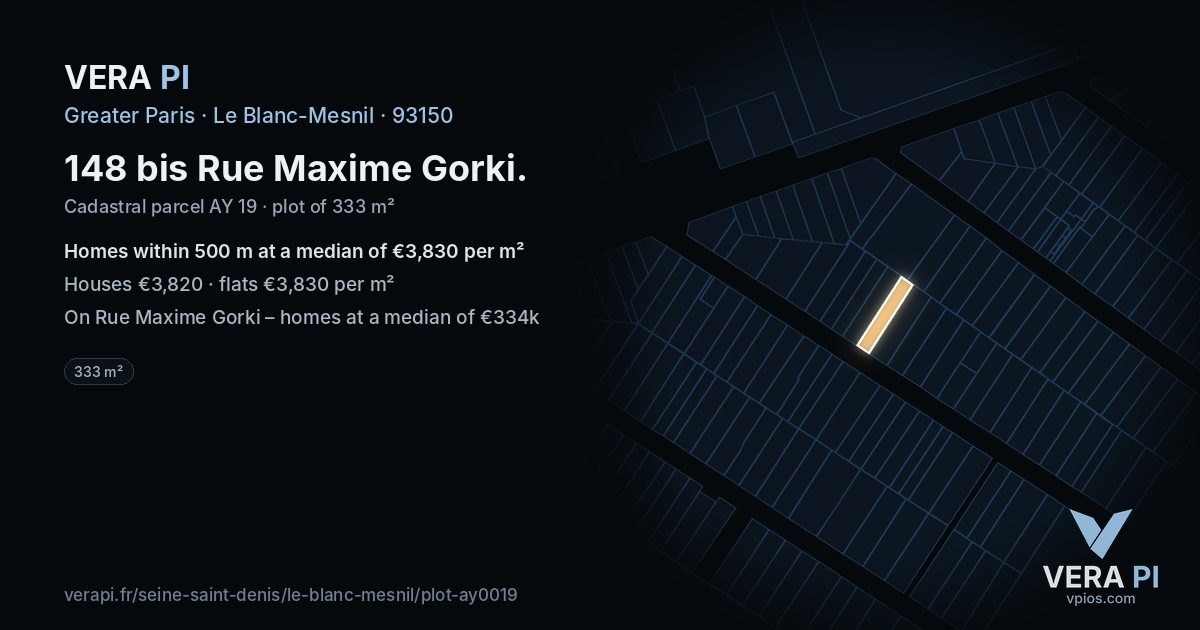 148 bis Rue Maxime Gorki, Le Blanc-Mesnil at night – the plot lit, the parcels around coloured by the prices near them