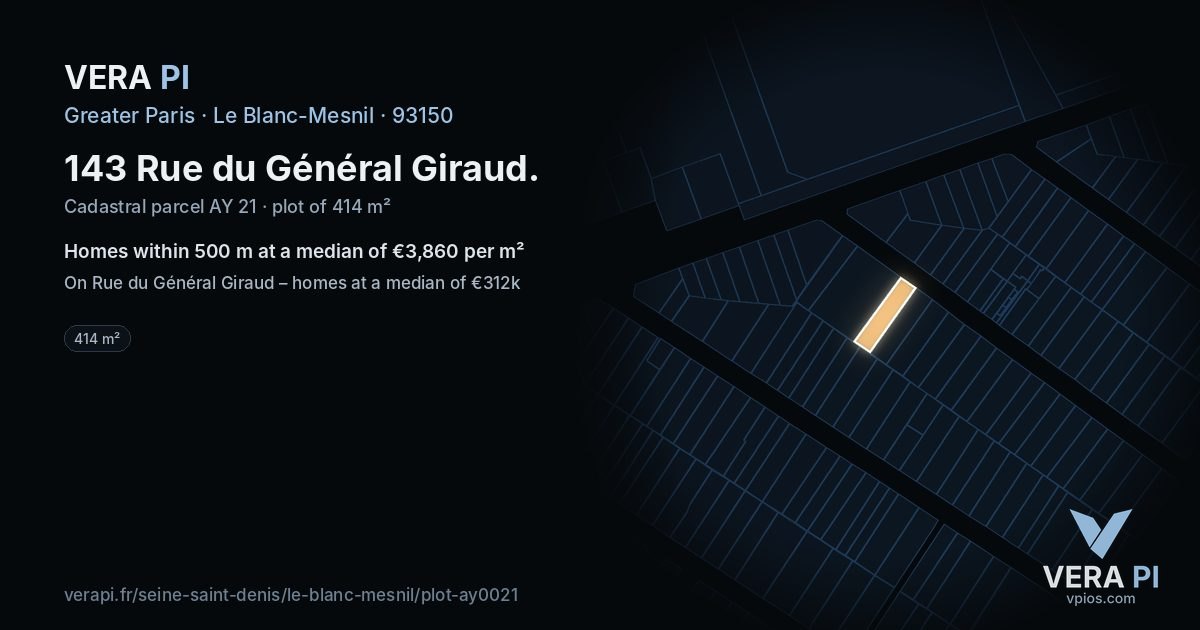 143 Rue du Général Giraud, Le Blanc-Mesnil at night – the plot lit, the parcels around coloured by the prices near them
