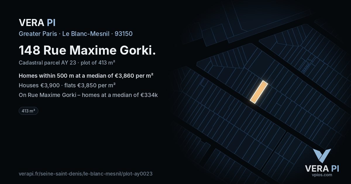 148 Rue Maxime Gorki, Le Blanc-Mesnil at night – the plot lit, the parcels around coloured by the prices near them