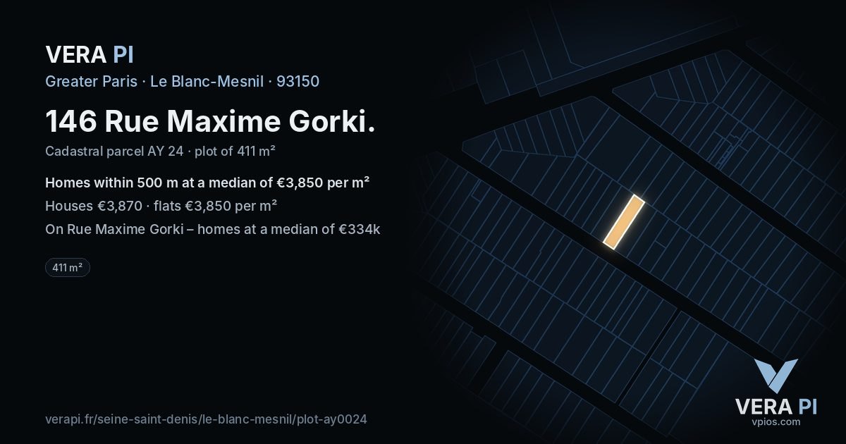 146 Rue Maxime Gorki, Le Blanc-Mesnil at night – the plot lit, the parcels around coloured by the prices near them