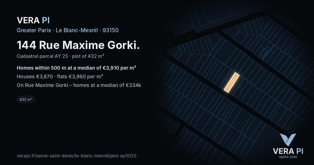 144 Rue Maxime Gorki, Le Blanc-Mesnil at night – the plot lit, the parcels around coloured by the prices near them