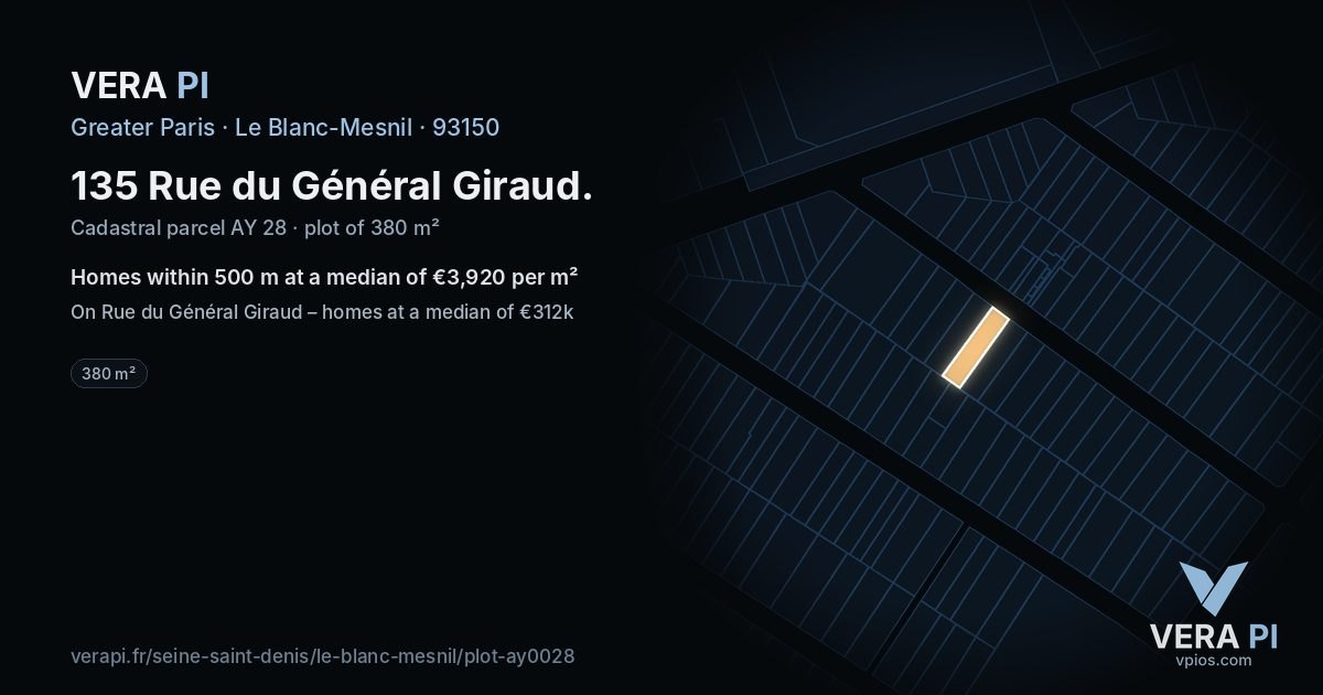 135 Rue du Général Giraud, Le Blanc-Mesnil at night – the plot lit, the parcels around coloured by the prices near them