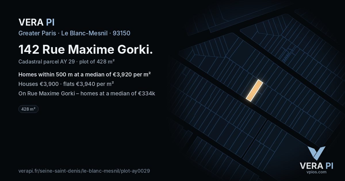 142 Rue Maxime Gorki, Le Blanc-Mesnil at night – the plot lit, the parcels around coloured by the prices near them