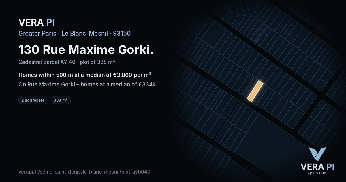 130 Rue Maxime Gorki, Le Blanc-Mesnil at night – the plot lit, the parcels around coloured by the prices near them