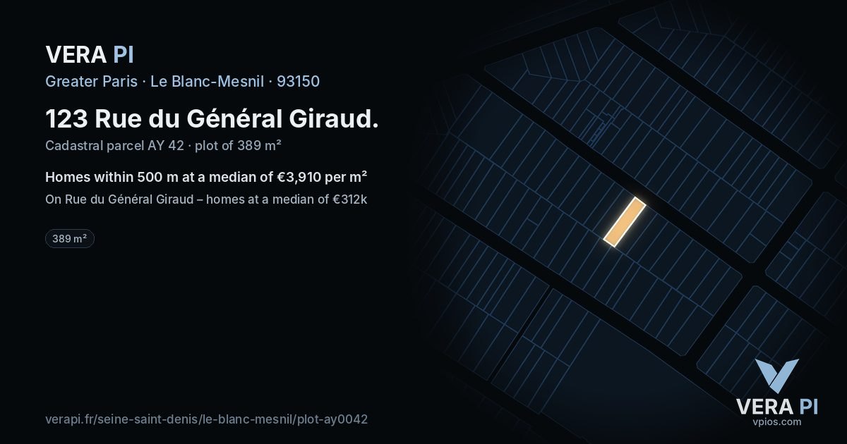 123 Rue du Général Giraud, Le Blanc-Mesnil at night – the plot lit, the parcels around coloured by the prices near them