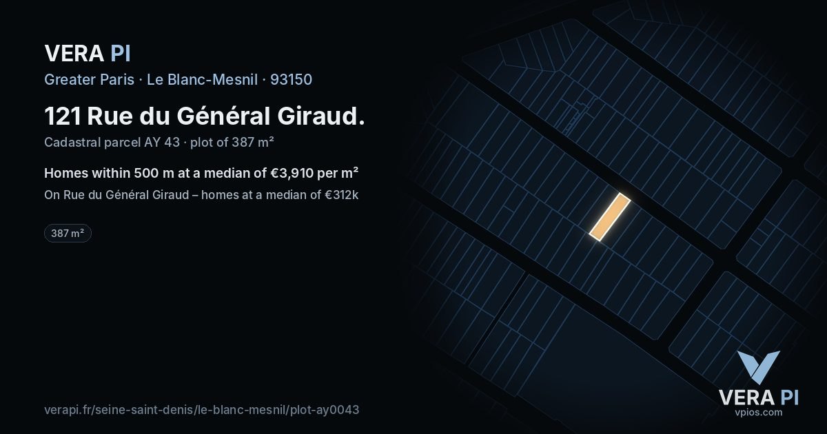 121 Rue du Général Giraud, Le Blanc-Mesnil at night – the plot lit, the parcels around coloured by the prices near them