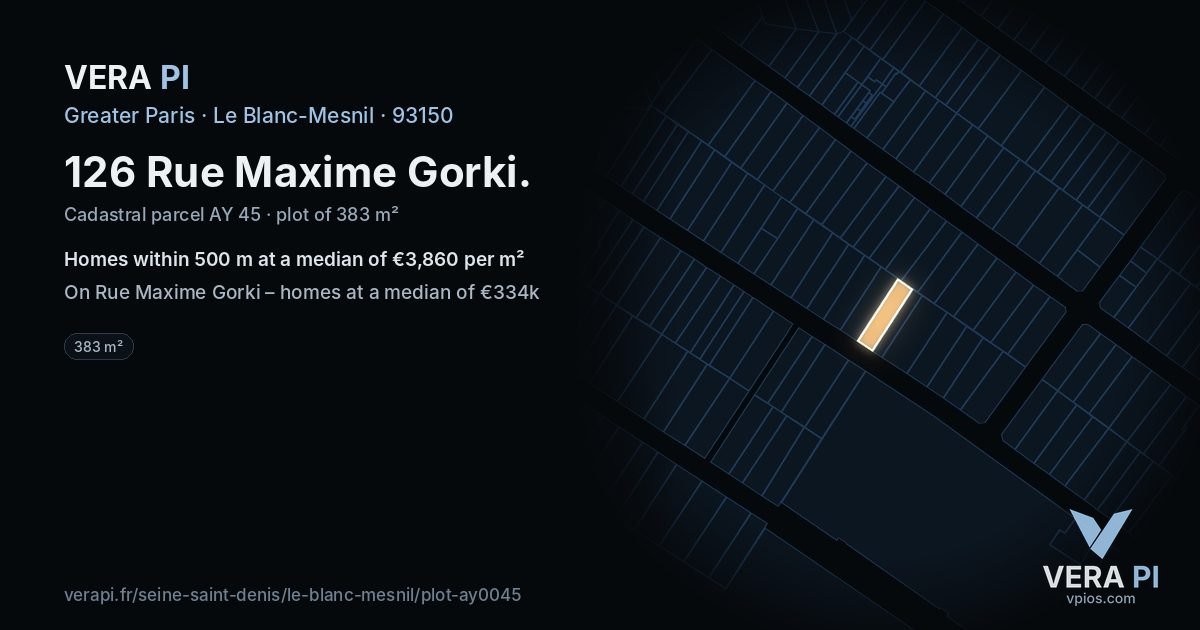 126 Rue Maxime Gorki, Le Blanc-Mesnil at night – the plot lit, the parcels around coloured by the prices near them