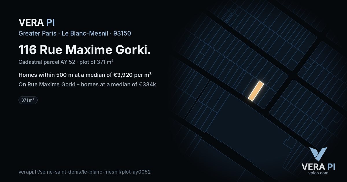 116 Rue Maxime Gorki, Le Blanc-Mesnil at night – the plot lit, the parcels around coloured by the prices near them