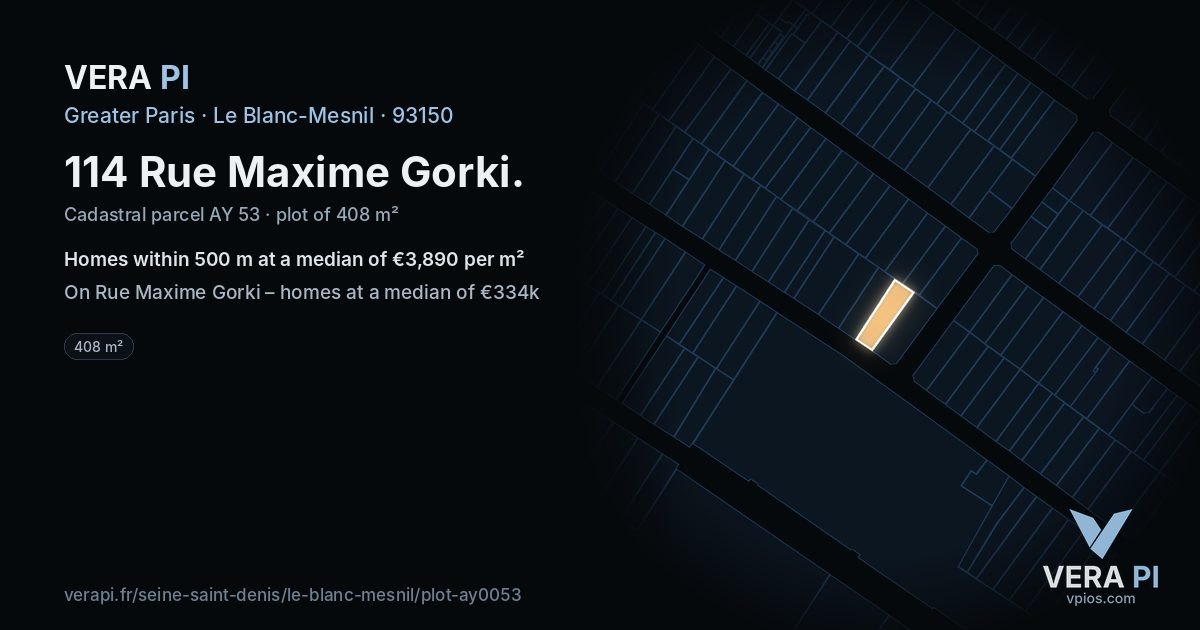 114 Rue Maxime Gorki, Le Blanc-Mesnil at night – the plot lit, the parcels around coloured by the prices near them