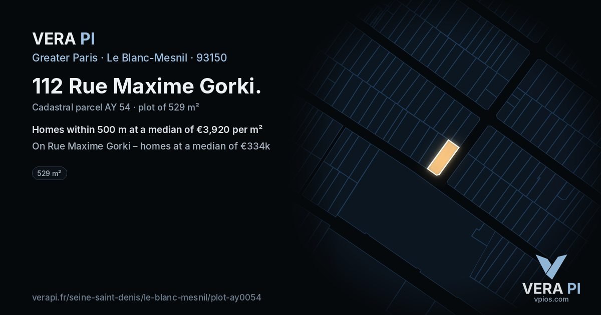 112 Rue Maxime Gorki, Le Blanc-Mesnil at night – the plot lit, the parcels around coloured by the prices near them