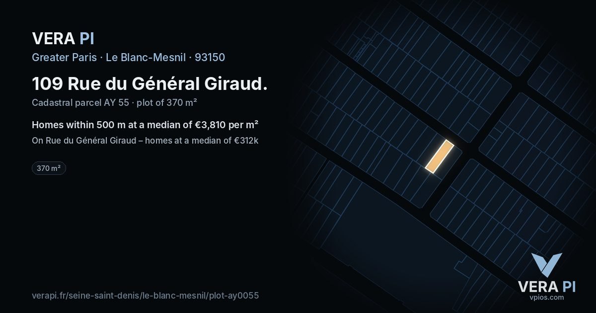 109 Rue du Général Giraud, Le Blanc-Mesnil at night – the plot lit, the parcels around coloured by the prices near them